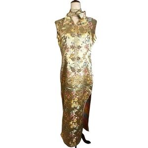 Blossom Plum Elegant Gold Floral Cheongsam Dress Tie Neck Asian‎ Inspired XL